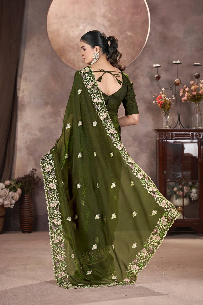 Green Color Gold Crunchy Multi Colour Embroidery Work Party Saree