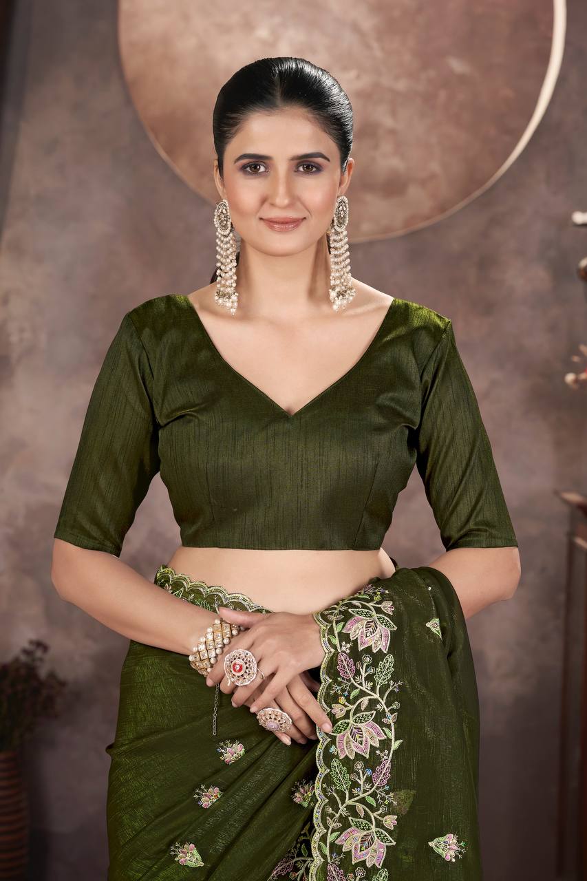Green Color Gold Crunchy Multi Colour Embroidery Work Party Saree