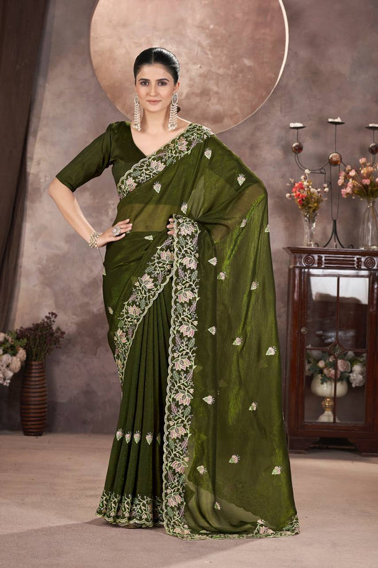 Green Color Gold Crunchy Multi Colour Embroidery Work Party Saree