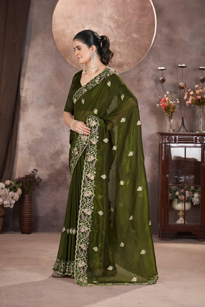 Green Color Gold Crunchy Multi Colour Embroidery Work Party Saree
