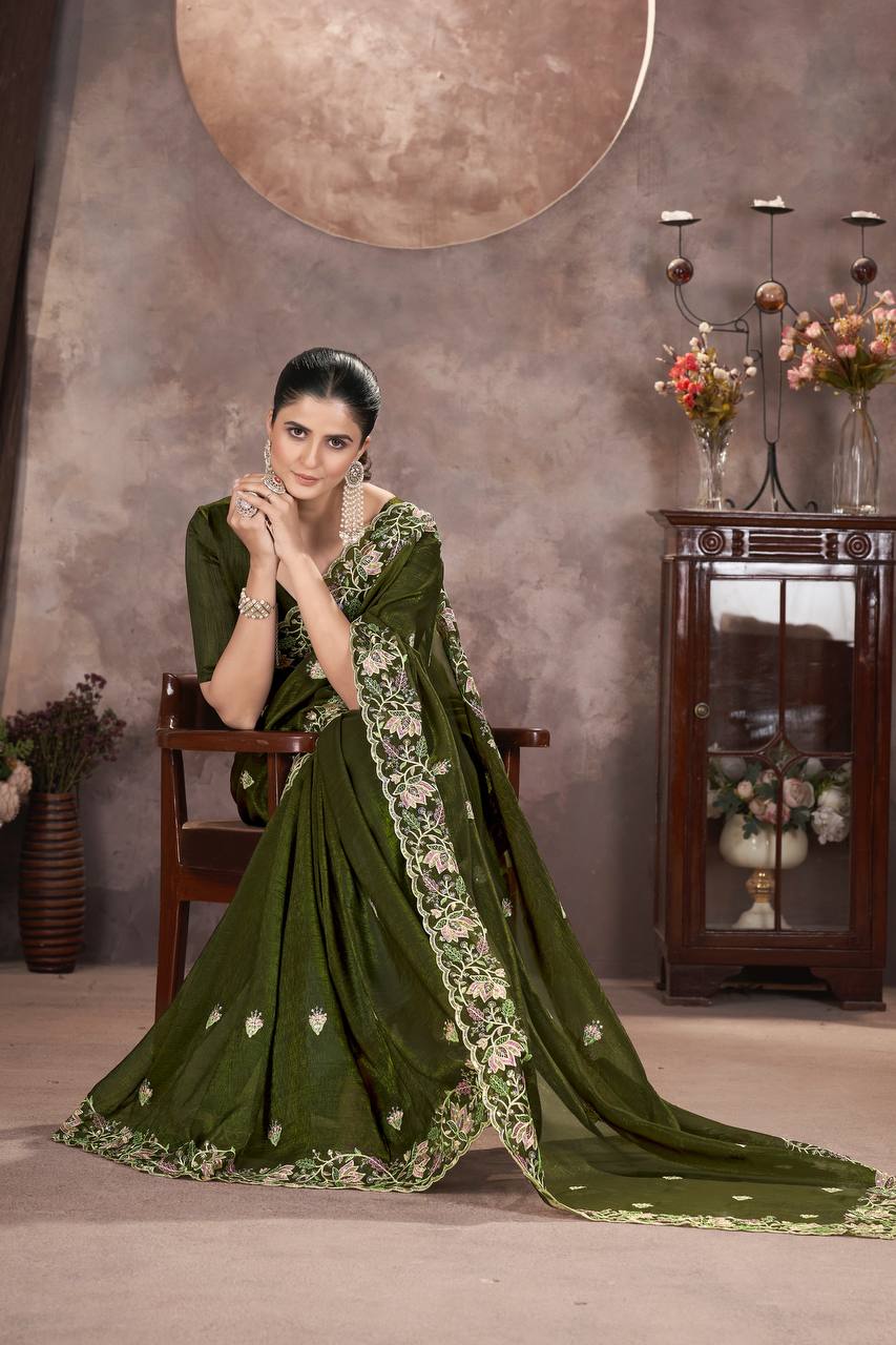 Green Color Gold Crunchy Multi Colour Embroidery Work Party Saree