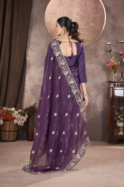 Purple Color Gold Crunchy Multi Colour Embroidery Work Party Saree