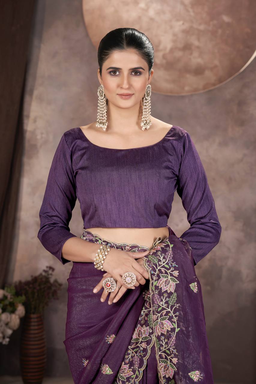 Purple Color Gold Crunchy Multi Colour Embroidery Work Party Saree
