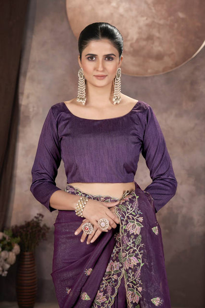 Purple Color Gold Crunchy Multi Colour Embroidery Work Party Saree