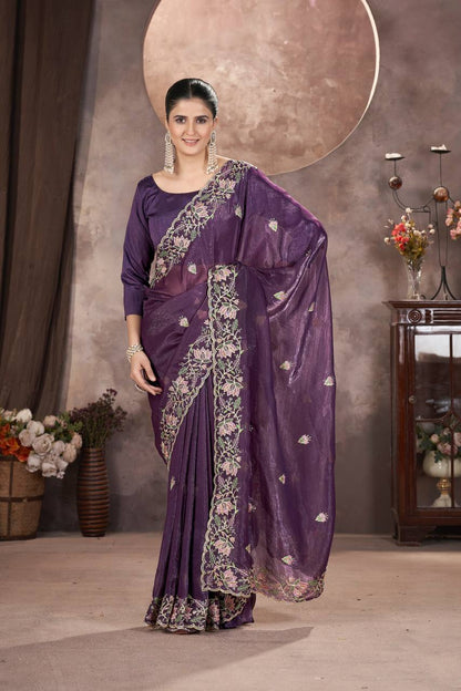 Purple Color Gold Crunchy Multi Colour Embroidery Work Party Saree