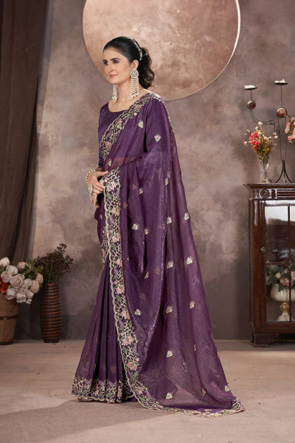 Purple Color Gold Crunchy Multi Colour Embroidery Work Party Saree