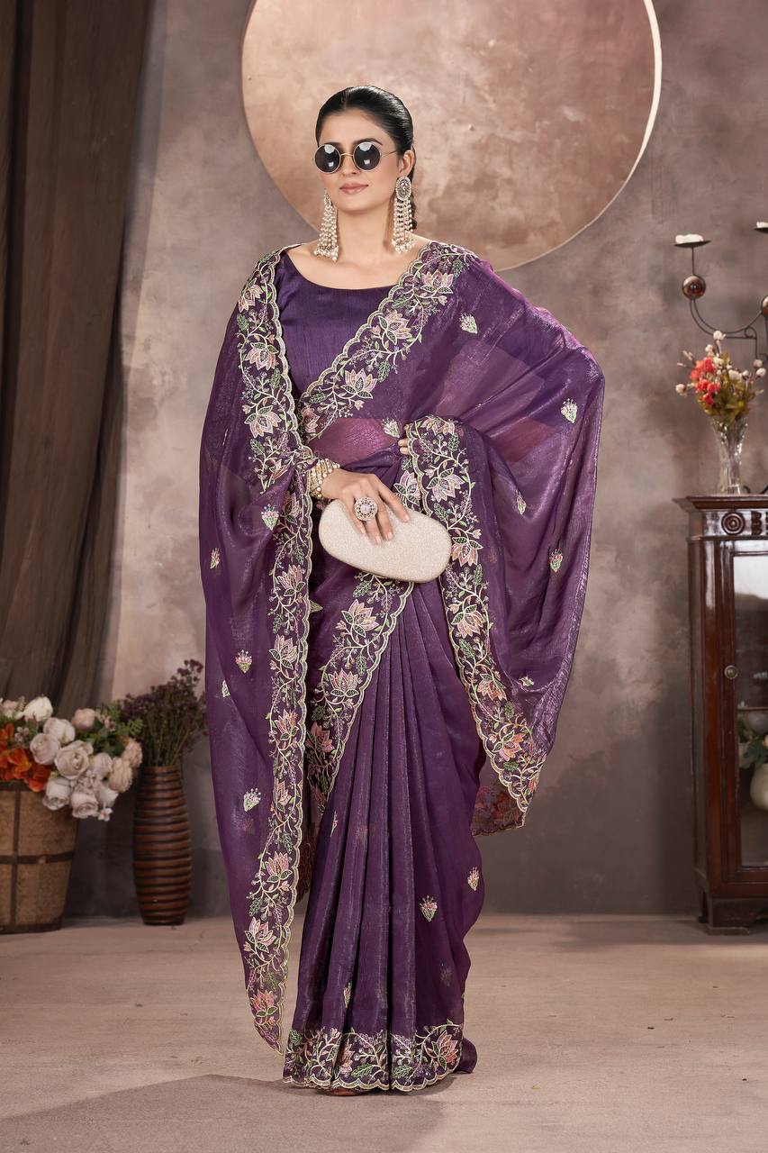 Purple Color Gold Crunchy Multi Colour Embroidery Work Party Saree