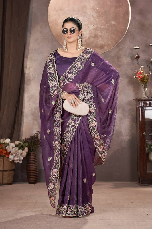 Purple Color Gold Crunchy Multi Colour Embroidery Work Party Saree