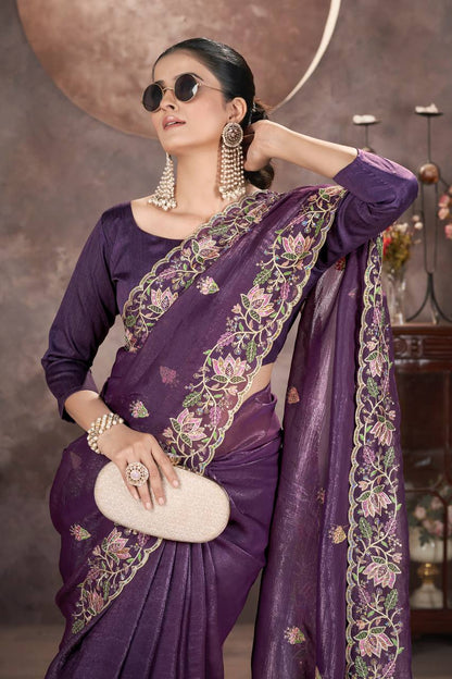 Purple Color Gold Crunchy Multi Colour Embroidery Work Party Saree