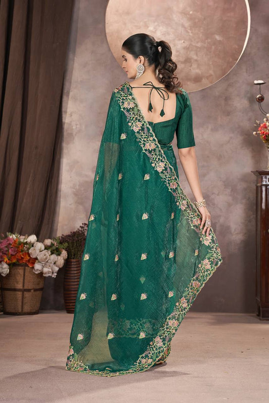 Teal Green Color Gold Crunchy Multi Colour Embroidery Work Party Saree