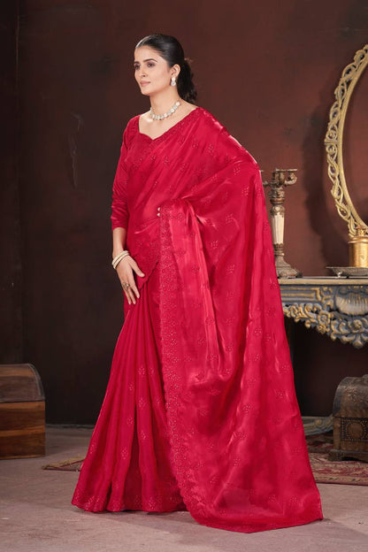 Red Color Geemichu Silk Party Saree