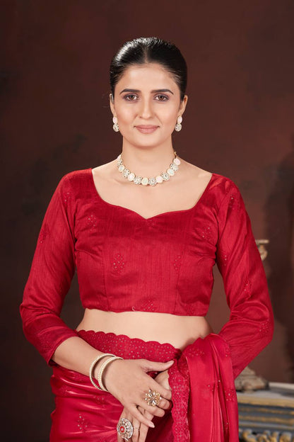 Red Color Geemichu Silk Party Saree