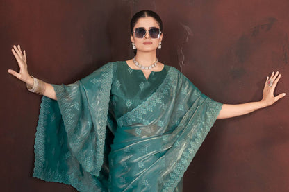 Aqua Blue Color Geemichu Silk Party Saree
