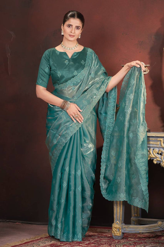 Aqua Blue Color Geemichu Silk Party Saree