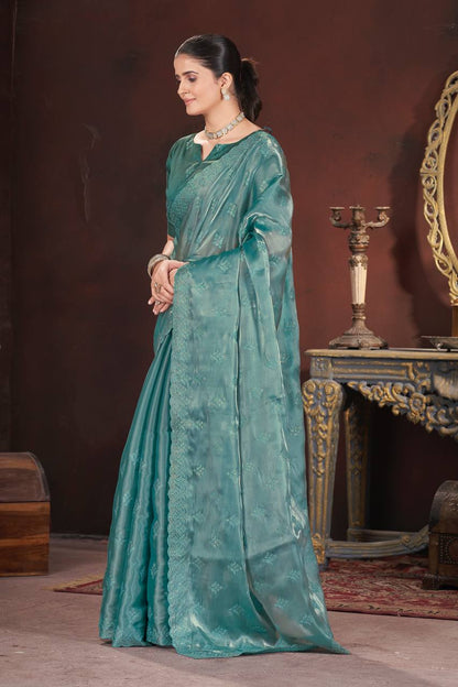 Aqua Blue Color Geemichu Silk Party Saree