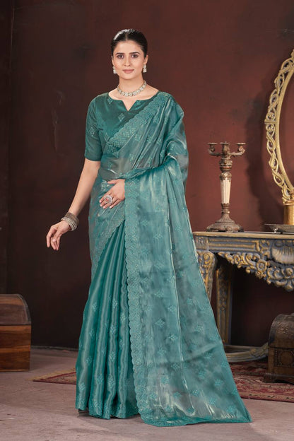 Aqua Blue Color Geemichu Silk Party Saree