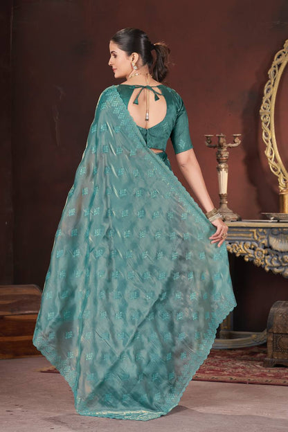 Aqua Blue Color Geemichu Silk Party Saree