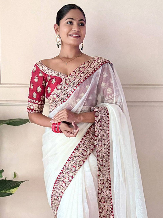 Beautiful White Color Banarasi Crush Saree