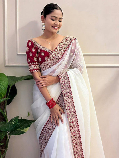 Beautiful White Color Banarasi Crush Saree