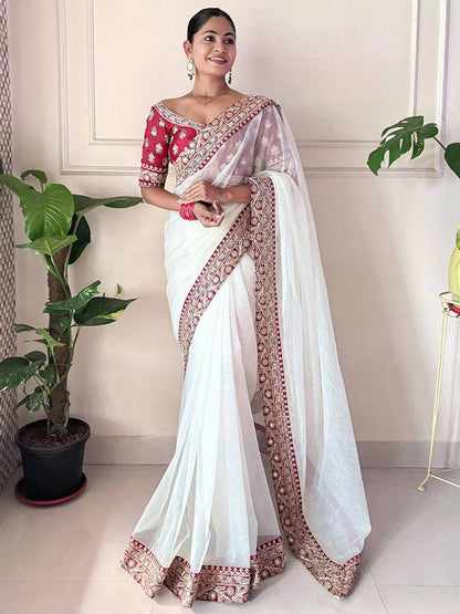 Beautiful White Color Banarasi Crush Saree