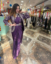 Purple Heavy Satin Saree with Embroidered Jacket & Belt