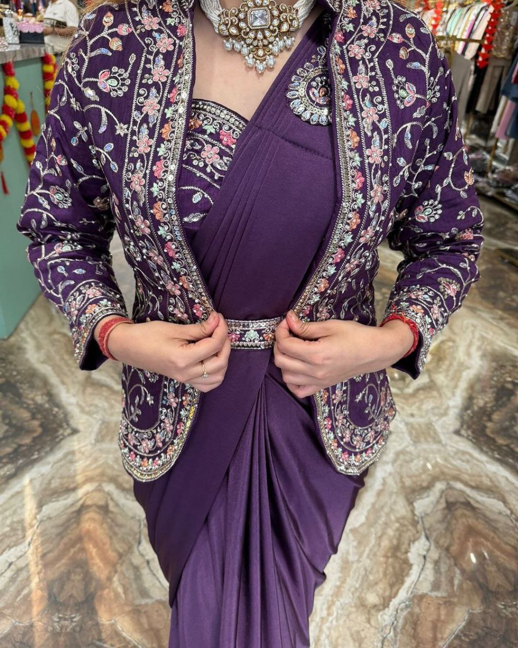 Purple Heavy Satin Saree with Embroidered Jacket & Belt