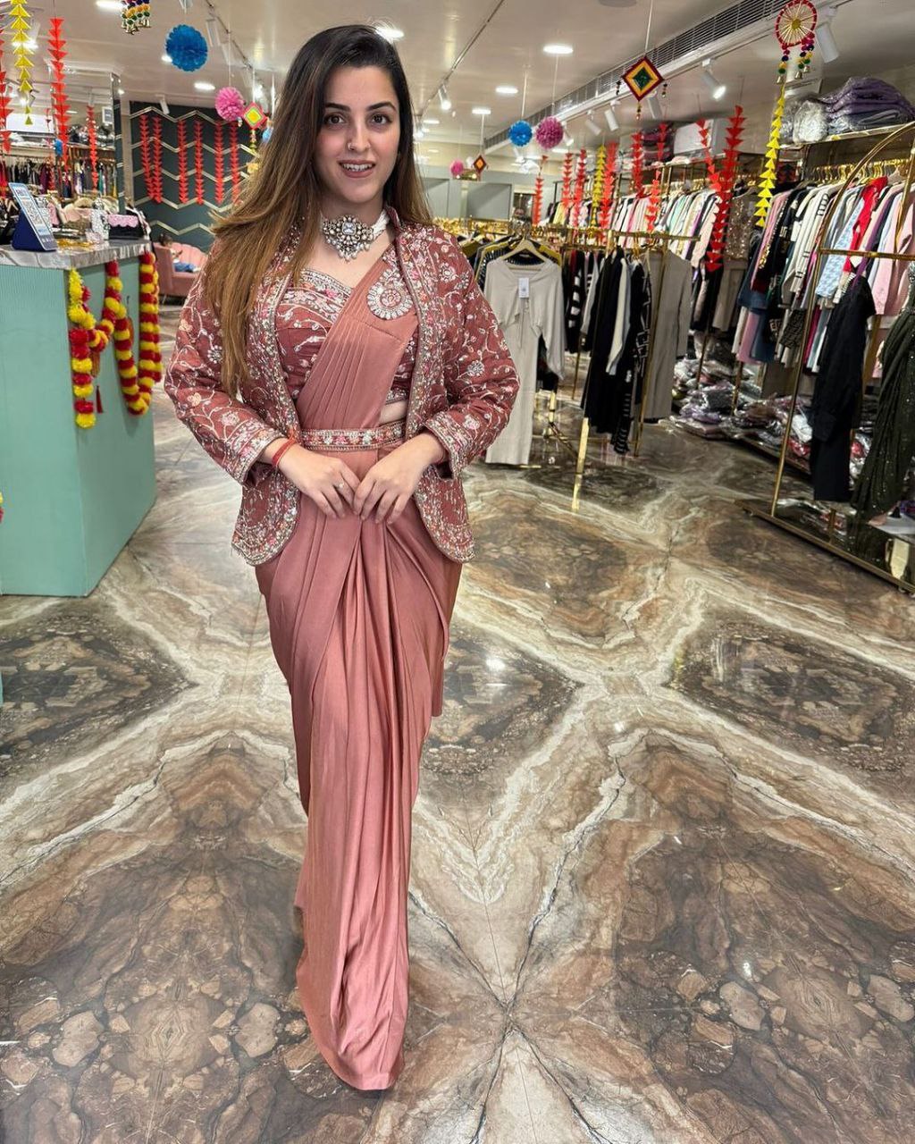 Peach Heavy Satin Saree with Embroidered Jacket & Belt