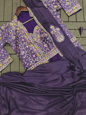 Purple Heavy Satin Saree with Embroidered Jacket & Belt