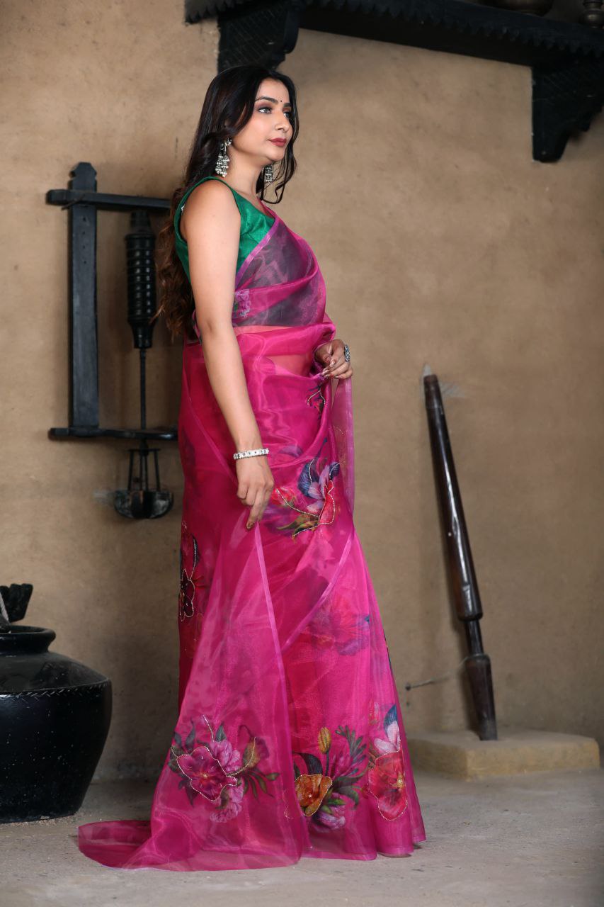 Pink Color Soft Pure Organza Party Wear Saree