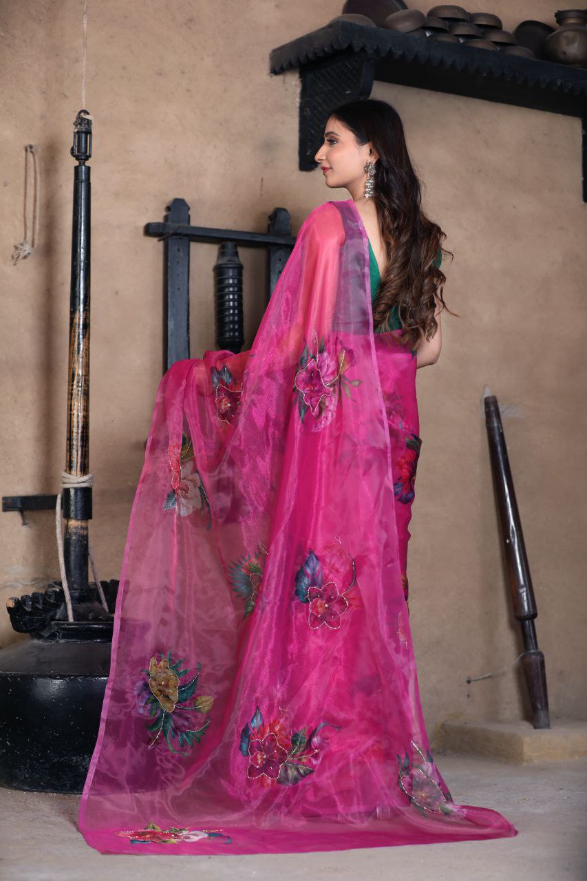 Pink Color Soft Pure Organza Party Wear Saree