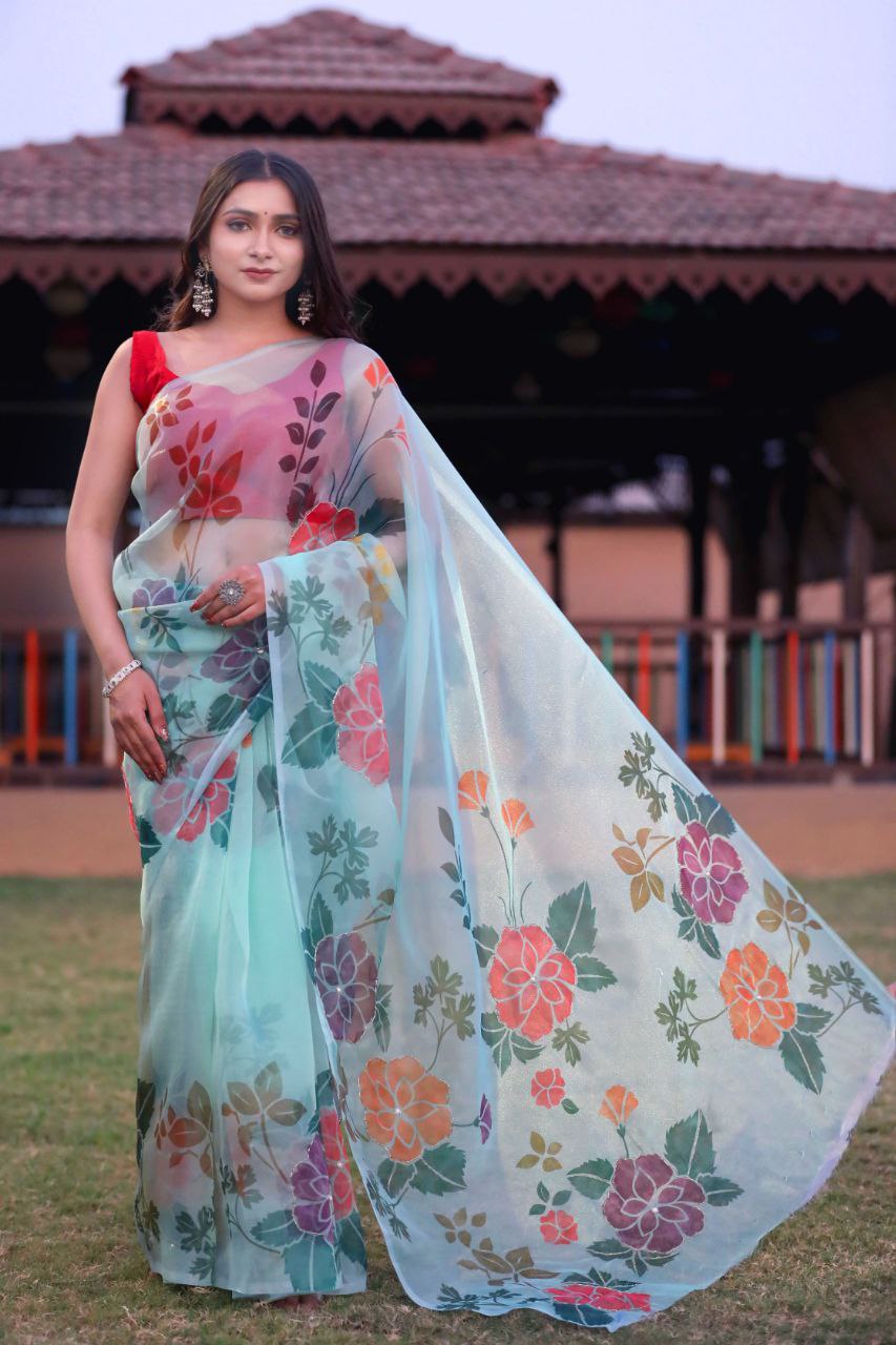 Sky blue Color Soft Pure Organza Party Wear Saree