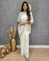 Trending White Color Chinnon Sharara Suit With Jacket And Blouse