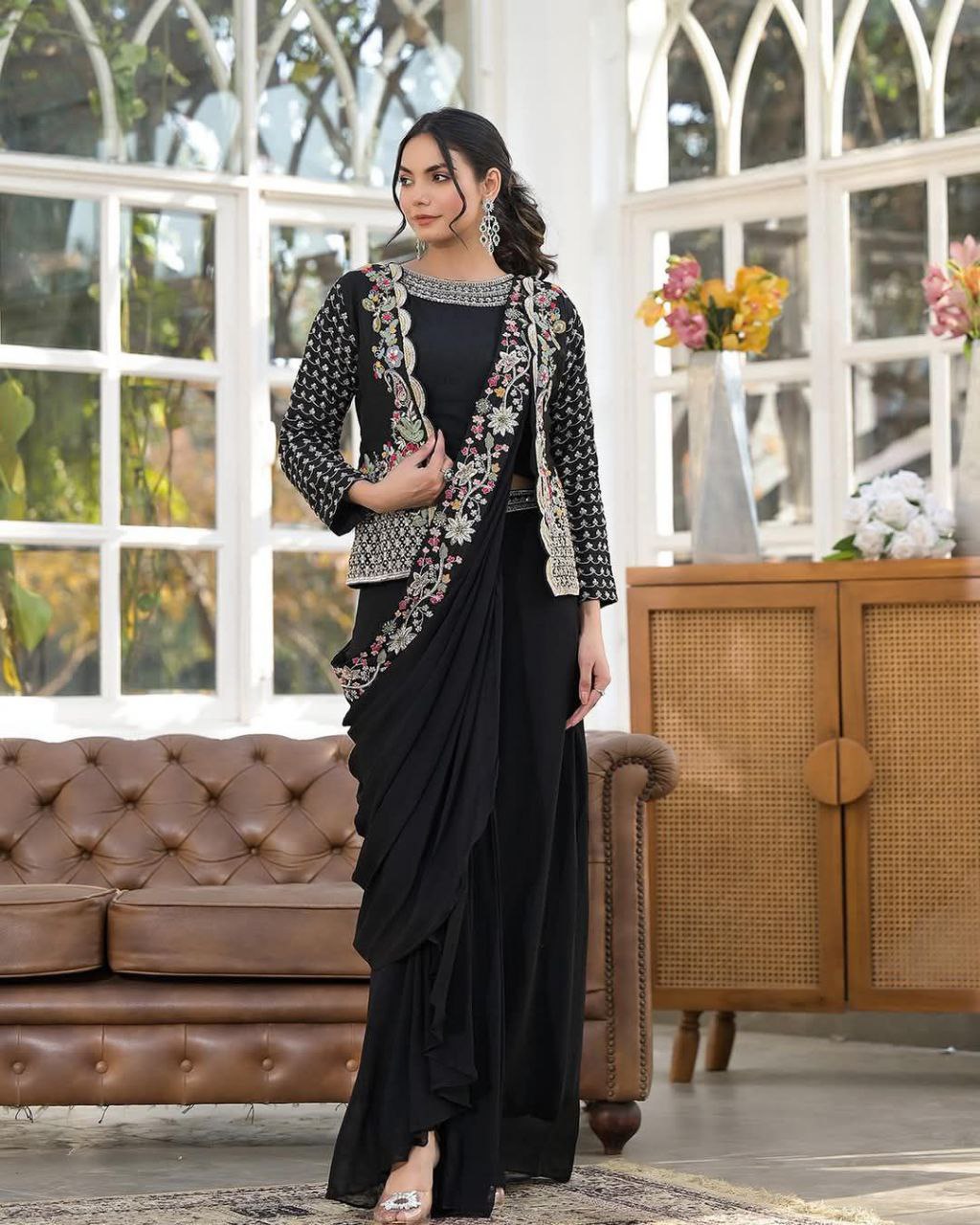 Trending Black Color Chinnon Sharara Suit With Jacket And Blouse