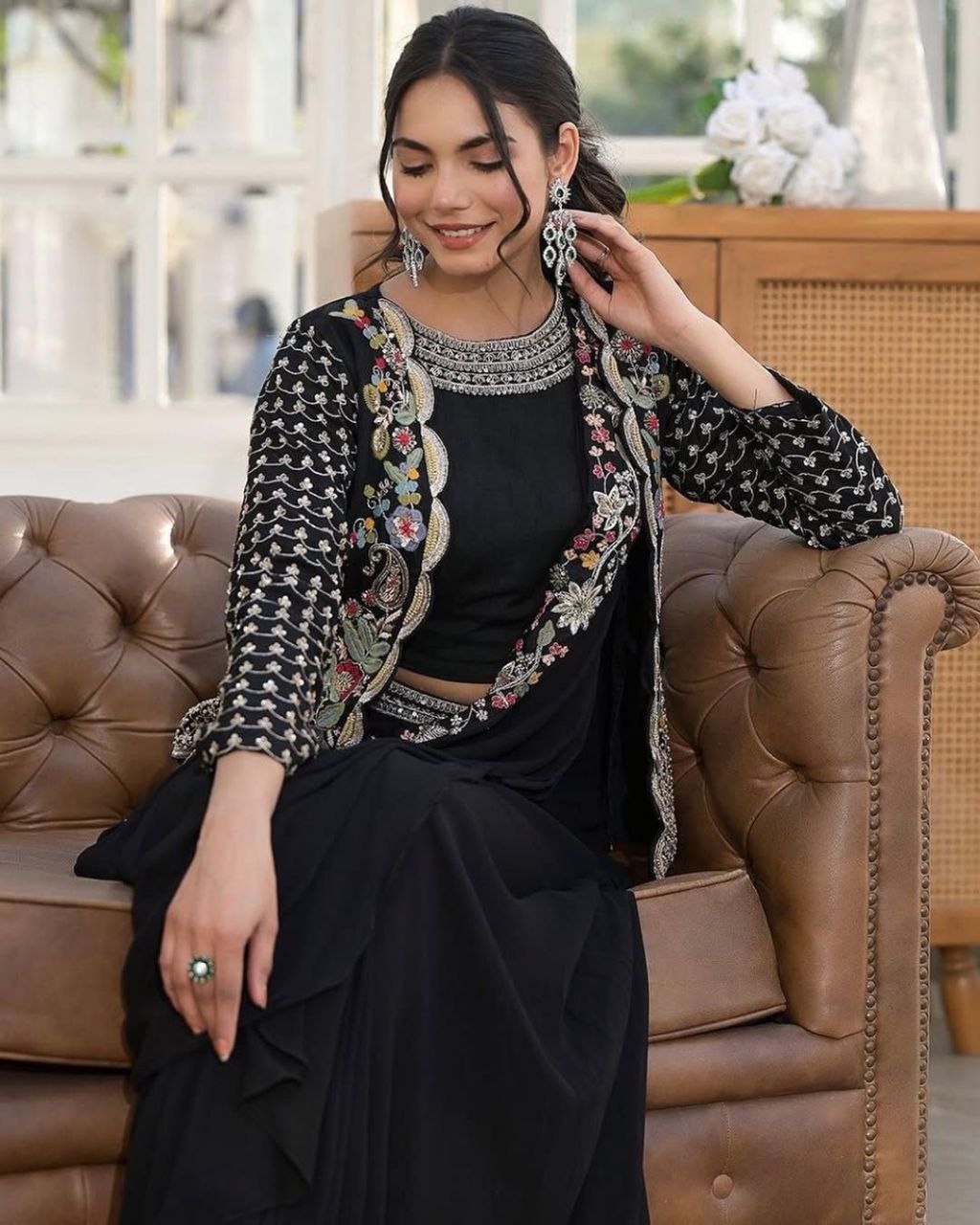 Trending Black Color Chinnon Sharara Suit With Jacket And Blouse