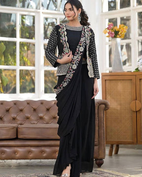 Trending Black Color Chinnon Sharara Suit With Jacket And Blouse