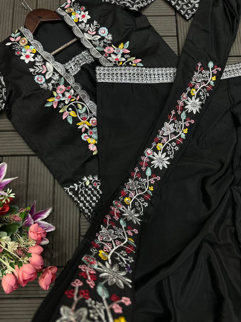 Trending Black Color Chinnon Sharara Suit With Jacket And Blouse