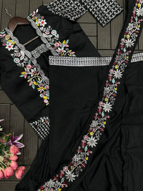 Trending Black Color Chinnon Sharara Suit With Jacket And Blouse