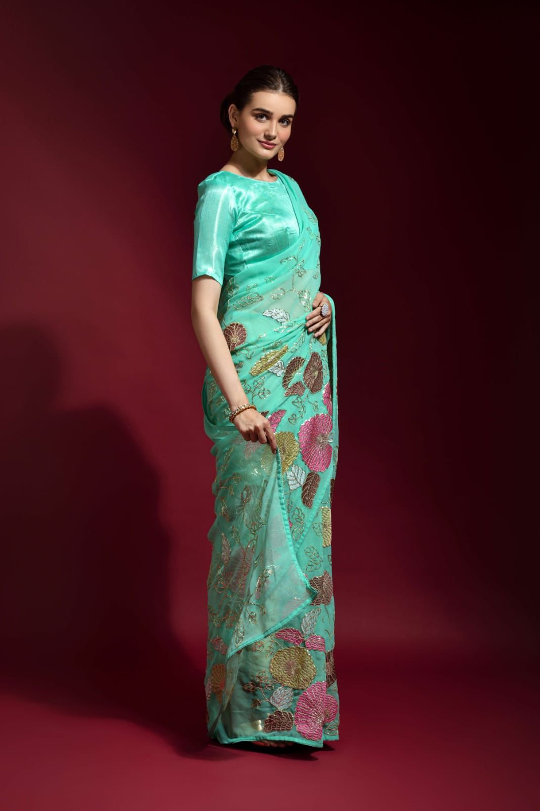 Aqua Green Floral Thread Work & Sequins Georgette Saree