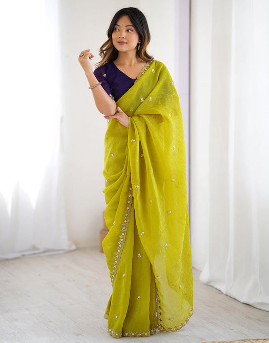 Lime Green Party Wear Saree with Multi Embroidery and Fancy White Stone Border