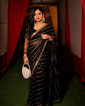 Black Dazzling Sequence & Piping Border Georgette Saree