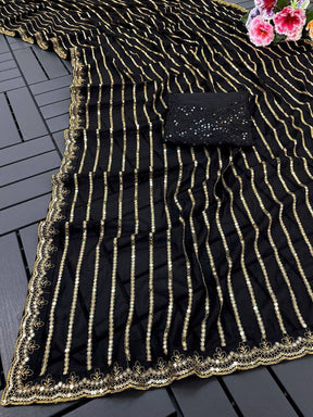 Black Dazzling Sequence & Piping Border Georgette Saree