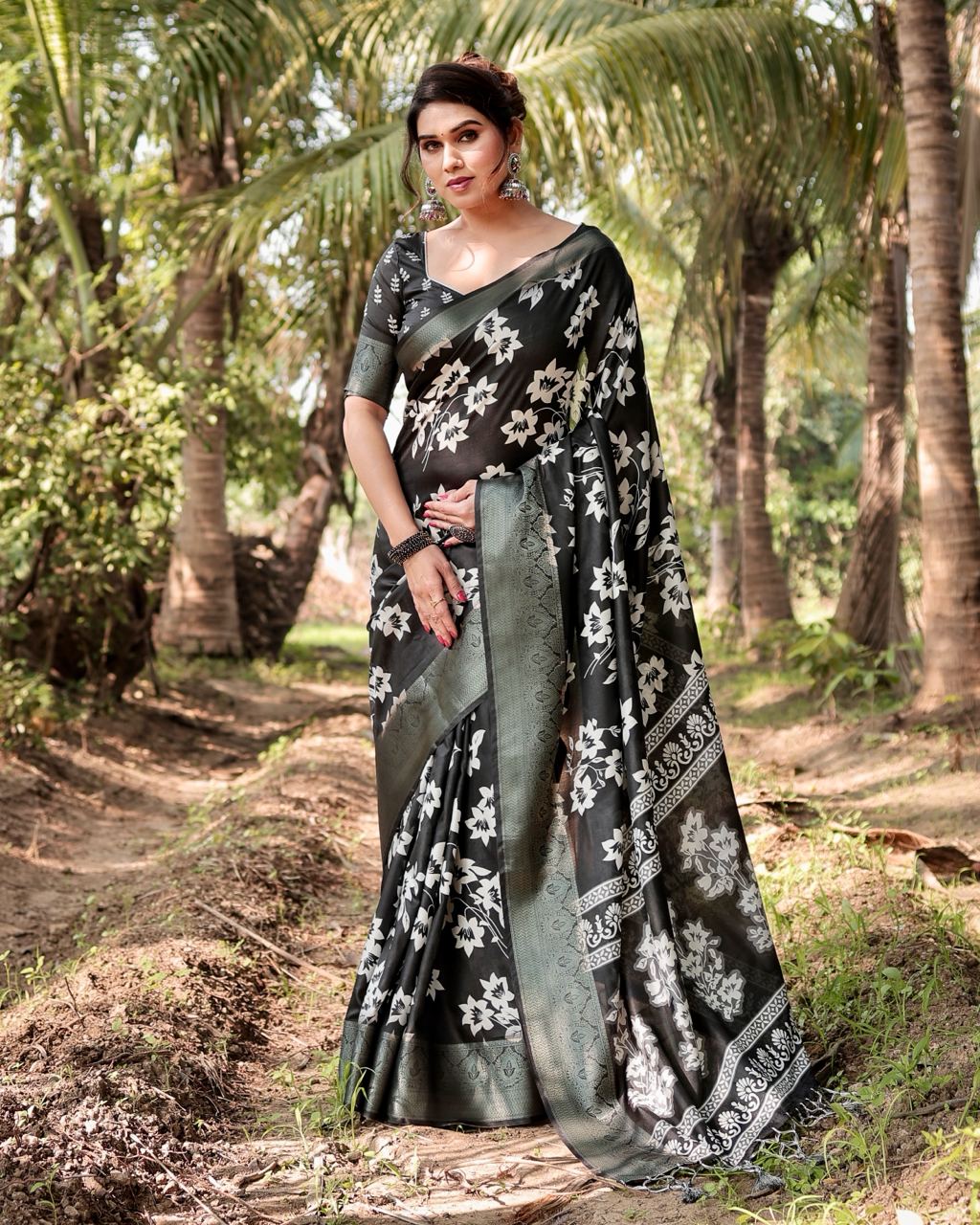 Black Pure Silk Digital Printed Wedding Wear Saree