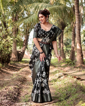 Black Pure Silk Digital Printed Wedding Wear Saree