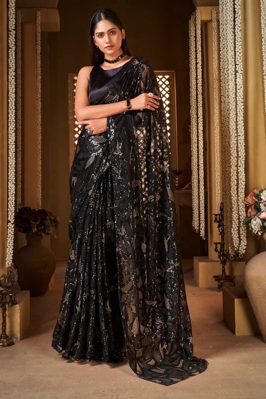 Black Soft Georgette Sequined Elegance Saree