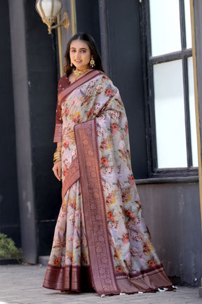 New Traditional Brown Color Dola Silk Saree