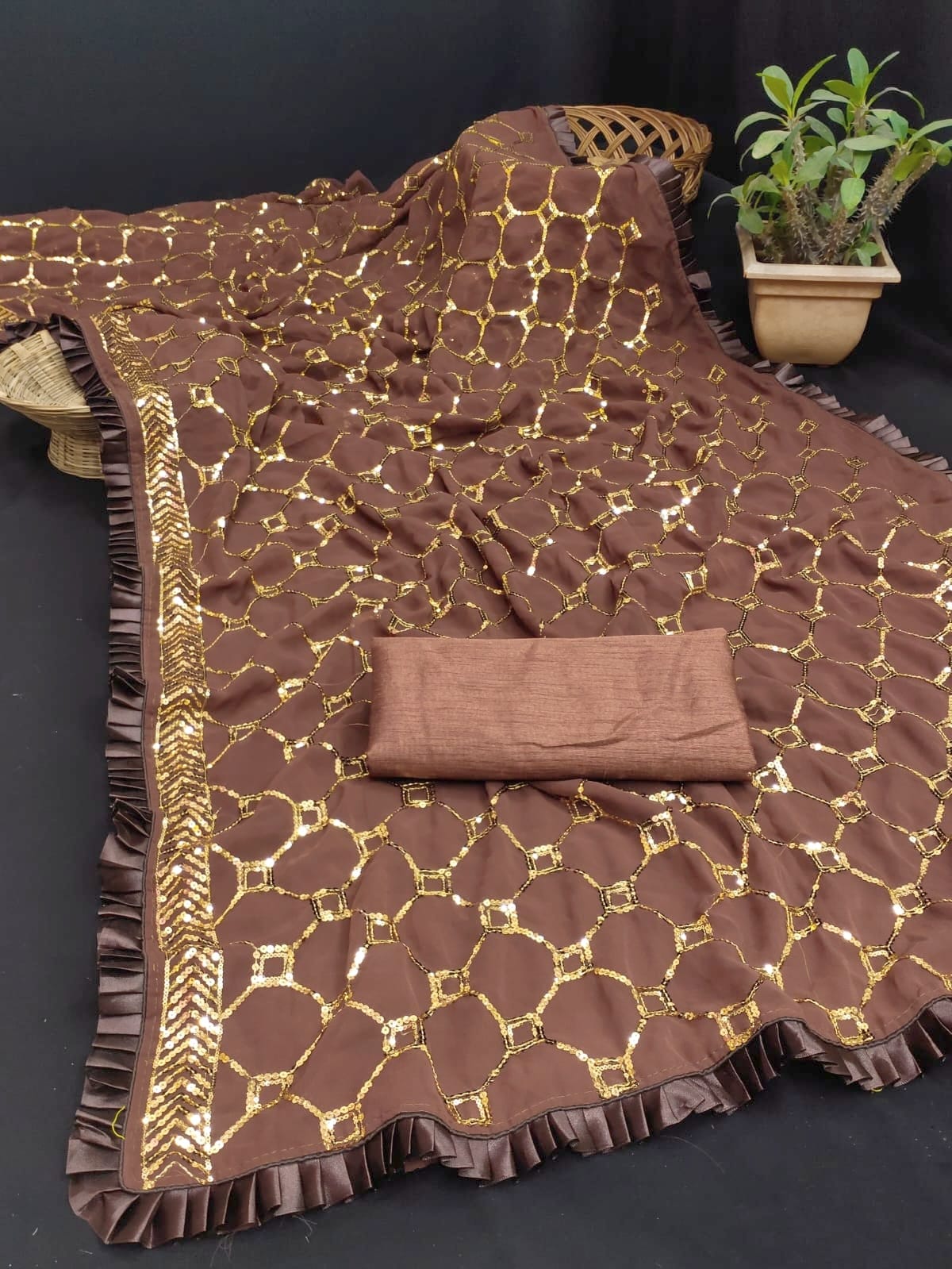 Amazing Brown Color Georgette Party Wear Saree
