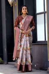 New Traditional Brown Color Dola Silk Saree