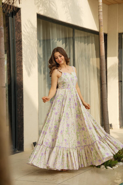Women’s Purple Floral Print Fit & Flare Maxi Dress with Shoulder Straps – Summer Party & Casual Wear