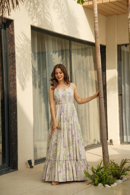 Women’s Purple Floral Print Fit & Flare Maxi Dress with Shoulder Straps – Summer Party & Casual Wear