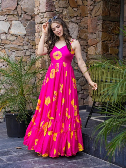 Women’s Pink Floral Print Fit & Flare Maxi Dress with Shoulder Straps – Summer Party & Casual Wear